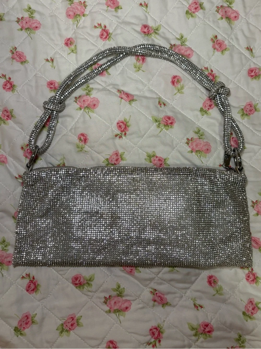 Silver Crystal Evening Clutch Bag with Knotted Strap